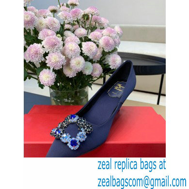 Roger Vivier Heel 6.5cm Flower Strass Buckle Pumps in Satin Dark Blue