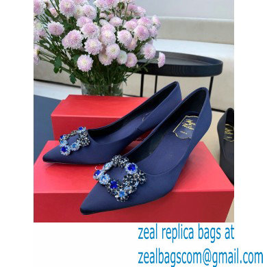 Roger Vivier Heel 6.5cm Flower Strass Buckle Pumps in Satin Dark Blue - Click Image to Close