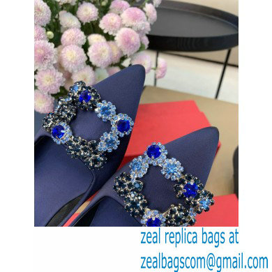 Roger Vivier Heel 6.5cm Flower Strass Buckle Pumps in Satin Dark Blue - Click Image to Close