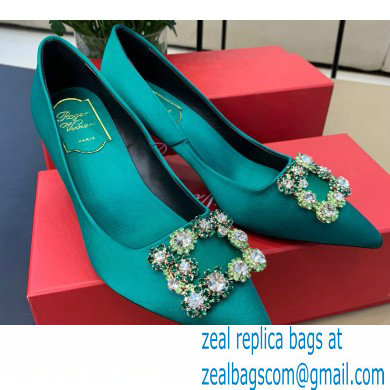 Roger Vivier Heel 6.5cm Flower Strass Buckle Pumps in Satin Green - Click Image to Close