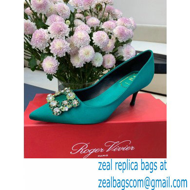 Roger Vivier Heel 6.5cm Flower Strass Buckle Pumps in Satin Green - Click Image to Close