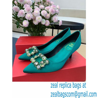 Roger Vivier Heel 6.5cm Flower Strass Buckle Pumps in Satin Green