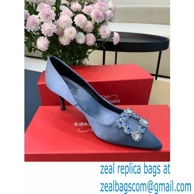 Roger Vivier Heel 6.5cm Flower Strass Buckle Pumps in Satin Light Blue - Click Image to Close