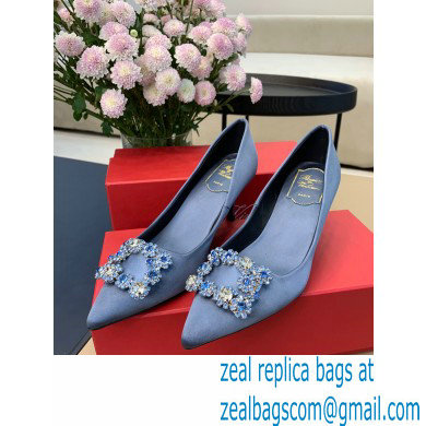 Roger Vivier Heel 6.5cm Flower Strass Buckle Pumps in Satin Light Blue - Click Image to Close