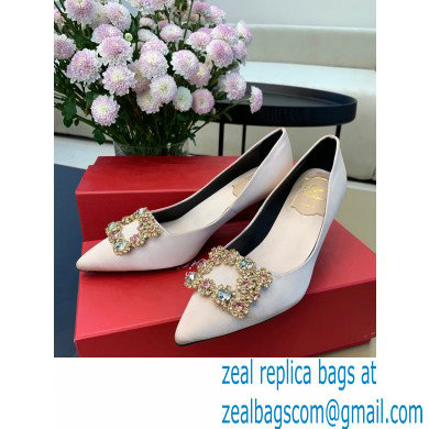 Roger Vivier Heel 6.5cm Flower Strass Buckle Pumps in Satin Nude Pink - Click Image to Close