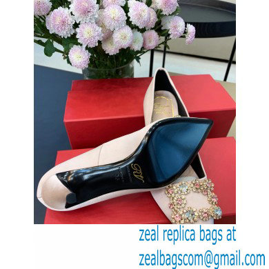 Roger Vivier Heel 6.5cm Flower Strass Buckle Pumps in Satin Nude Pink - Click Image to Close