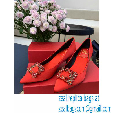 Roger Vivier Heel 6.5cm Flower Strass Buckle Pumps in Satin Red