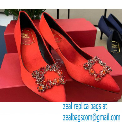 Roger Vivier Heel 6.5cm Flower Strass Buckle Pumps in Satin Red