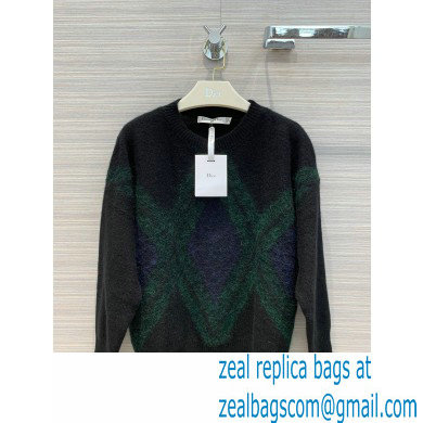 dior Black Cashmere Blend with Green and Blue Diamond Pattern sweater 2020