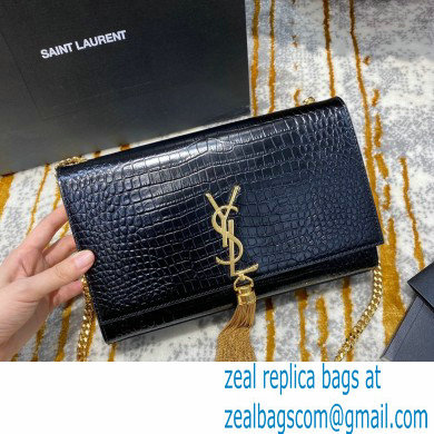 saint laurent Kate chain wallet with tassel in crocodile embossed leather 354119 black/gold