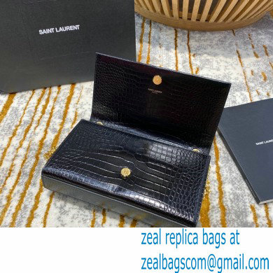 saint laurent Kate chain wallet with tassel in crocodile embossed leather 354119 black/gold