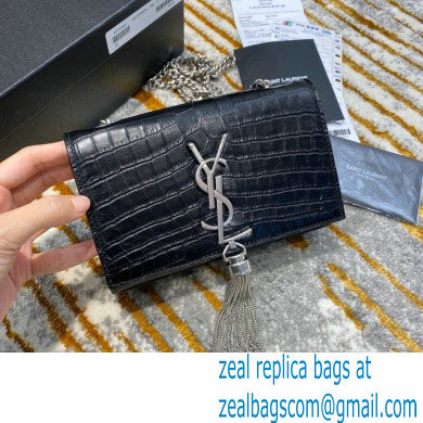 saint laurent Kate chain wallet with tassel in crocodile embossed leather 354119 black/silver - Click Image to Close