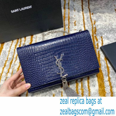 saint laurent Kate chain wallet with tassel in crocodile embossed leather 354119 blue/silver - Click Image to Close