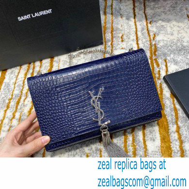 saint laurent Kate chain wallet with tassel in crocodile embossed leather 354119 blue/silver