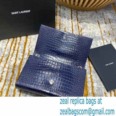 saint laurent Kate chain wallet with tassel in crocodile embossed leather 354119 blue/silver