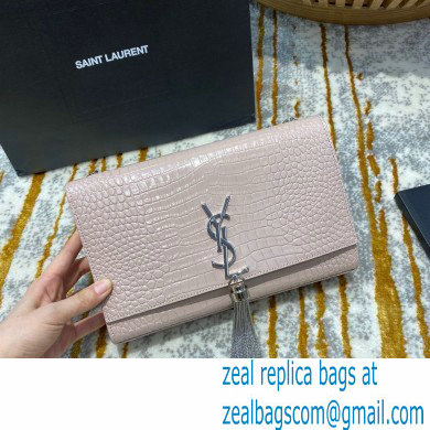 saint laurent Kate chain wallet with tassel in crocodile embossed leather 354119 pink/silver