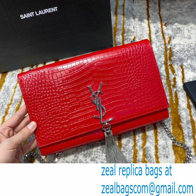 saint laurent Kate chain wallet with tassel in crocodile embossed leather 354119 red/silver - Click Image to Close