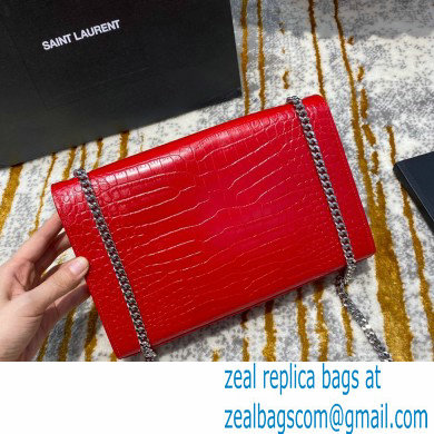 saint laurent Kate chain wallet with tassel in crocodile embossed leather 354119 red/silver