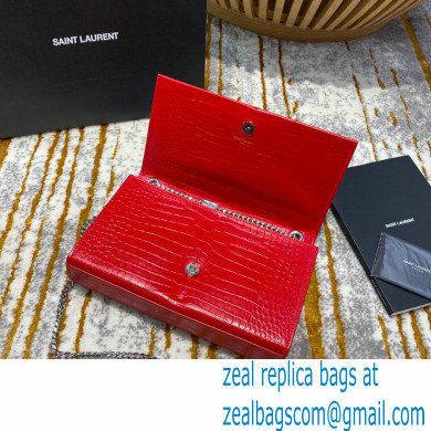 saint laurent Kate chain wallet with tassel in crocodile embossed leather 354119 red/silver