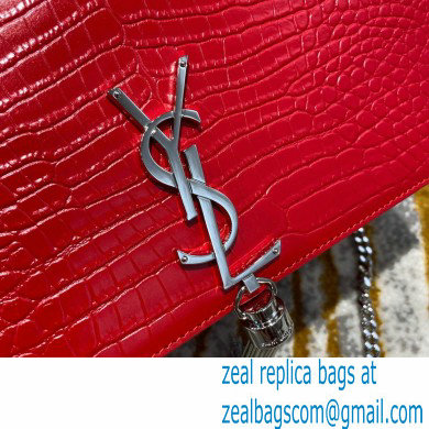 saint laurent Kate chain wallet with tassel in crocodile embossed leather 354119 red/silver