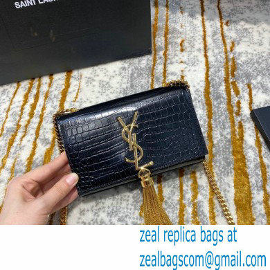 saint laurent mini Kate chain wallet with tassel in crocodile embossed leather 354120 black/gold