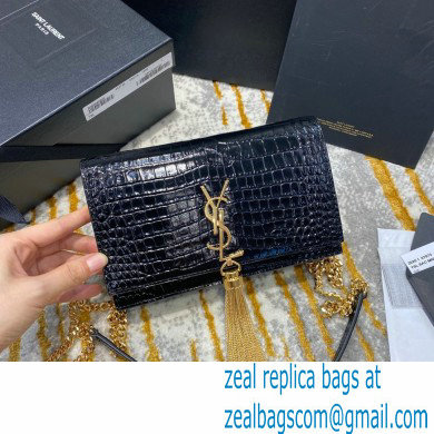 saint laurent small Kate chain wallet with tassel in crocodile embossed leather 452159 black/gold