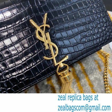 saint laurent small Kate chain wallet with tassel in crocodile embossed leather 452159 black/gold - Click Image to Close