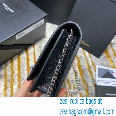 saint laurent small Kate chain wallet with tassel in crocodile embossed leather 452159 black/silver