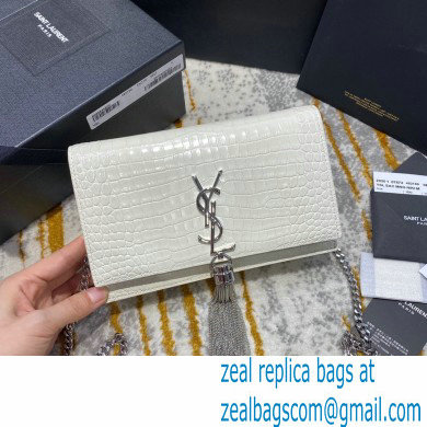 saint laurent small Kate chain wallet with tassel in crocodile embossed leather 452159 white/silver