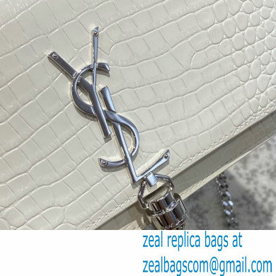 saint laurent small Kate chain wallet with tassel in crocodile embossed leather 452159 white/silver