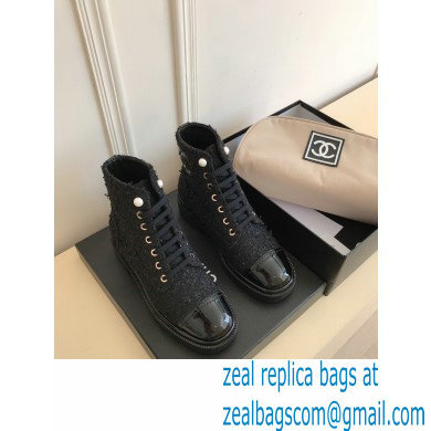 Chanel CC Logo lace up tweed Ankle Boots black 2020 - Click Image to Close