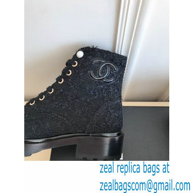 Chanel CC Logo lace up tweed Ankle Boots black 2020