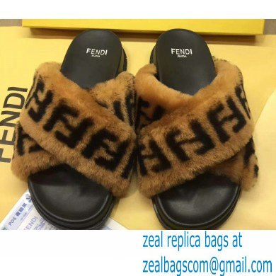 Fendi FF Motif Sheepskin Fur Slides Sandals with Crossed Strap 2020