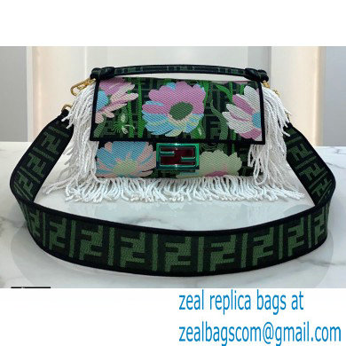 Fendi Fabric FF Medium Baguette Bag Fringe Green 2020