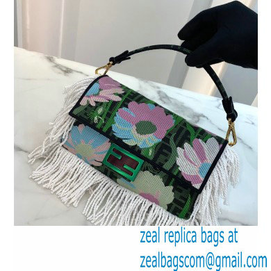 Fendi Fabric FF Medium Baguette Bag Fringe Green 2020 - Click Image to Close