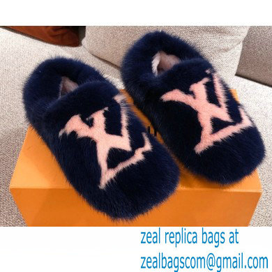 Louis Vuitton Mink Fur Dreamy Slippers Navy Blue 2020 - Click Image to Close