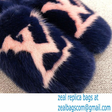 Louis Vuitton Mink Fur Dreamy Slippers Navy Blue 2020