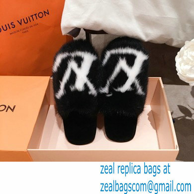 Louis Vuitton Mink Fur LV Suite Flat Mules Black 2020