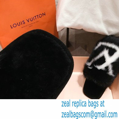 Louis Vuitton Mink Fur LV Suite Flat Mules Black 2020 - Click Image to Close