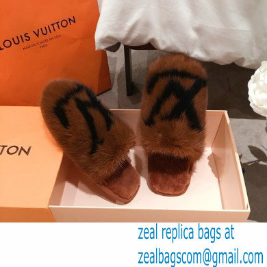 Louis Vuitton Mink Fur LV Suite Flat Mules Brown 2020