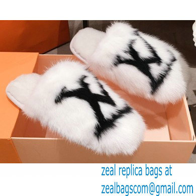 Louis Vuitton Mink Fur LV Suite Flat Mules White 2020