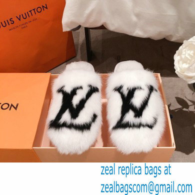 Louis Vuitton Mink Fur LV Suite Flat Mules White 2020 - Click Image to Close