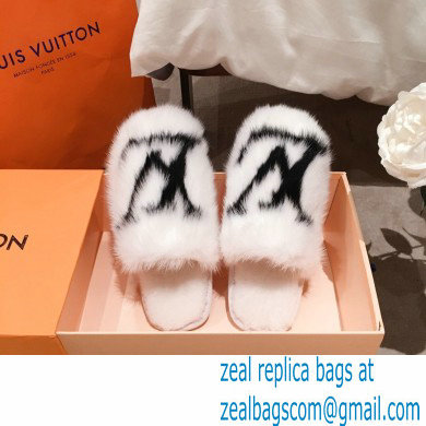 Louis Vuitton Mink Fur LV Suite Flat Mules White 2020 - Click Image to Close