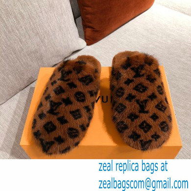 Louis Vuitton Monogram Mink Fur LV Suite Flat Mules Brown 2020 - Click Image to Close