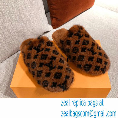 Louis Vuitton Monogram Mink Fur LV Suite Flat Mules Brown 2020 - Click Image to Close