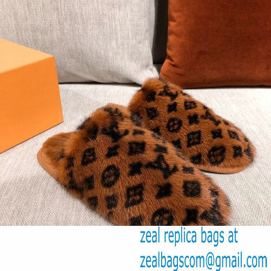 Louis Vuitton Monogram Mink Fur LV Suite Flat Mules Brown 2020 - Click Image to Close