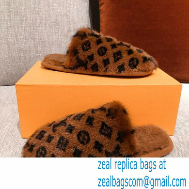 Louis Vuitton Monogram Mink Fur LV Suite Flat Mules Brown 2020 - Click Image to Close