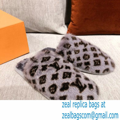 Louis Vuitton Monogram Mink Fur LV Suite Flat Mules Gray 2020