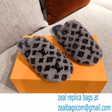 Louis Vuitton Monogram Mink Fur LV Suite Flat Mules Gray 2020