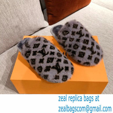 Louis Vuitton Monogram Mink Fur LV Suite Flat Mules Gray 2020 - Click Image to Close